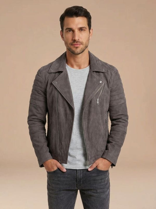Men's Asymmetric Zip Grey Suede Biker Jacket