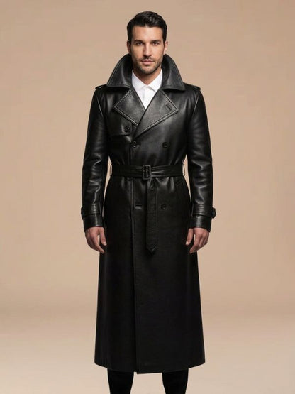 Men's Belted Style Black Leather Trench Coat