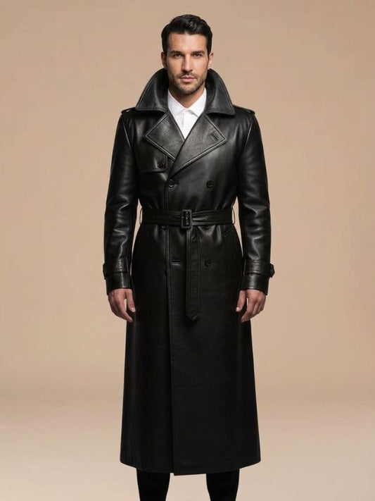 Men's Belted Style Black Leather Trench Coat
