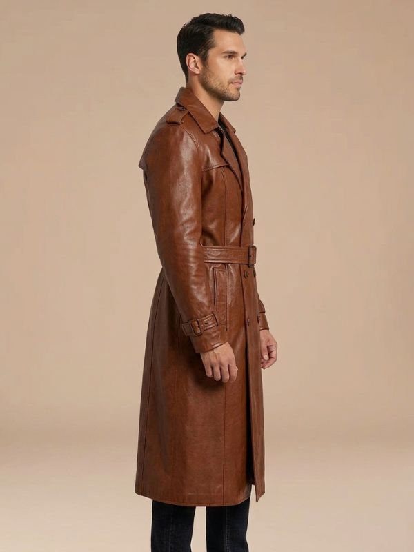 Men's Belted Style Brown Leather Trench Coat