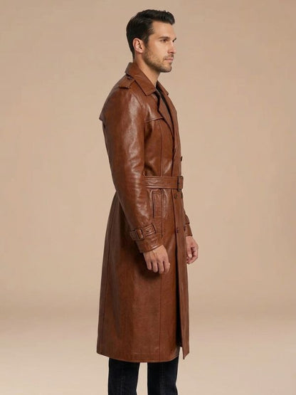 Men's Belted Style Brown Leather Trench Coat