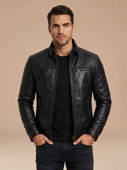 Mens Biker Black Cowhide Leather Jacket