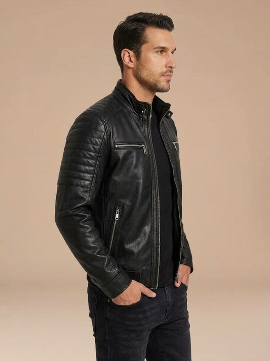 Mens Biker Cowhide Black Leather Jacket