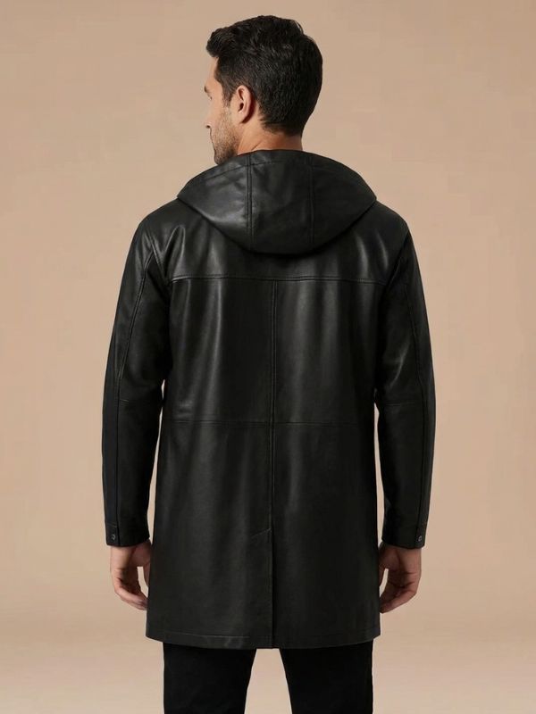 Men’s Black Genuine Leather Hooded Trench Coat 