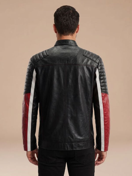 Men's Black Red White Leather Motorcycle Jacket
