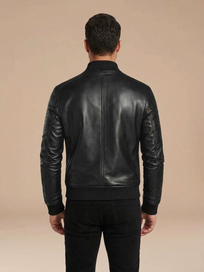 Mens Black Sheepskin Leather Bomber Jacket