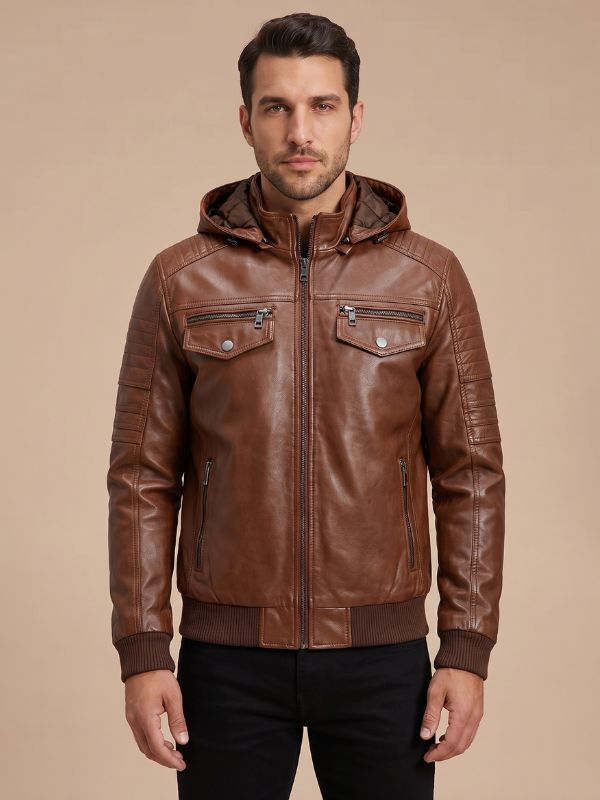 Men's Brown Hooded Leather Bomber Jacket