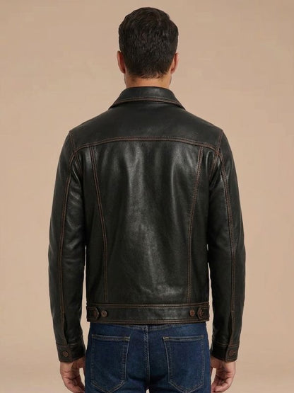 Men's Button Front Brown Leather Trucker Jacket