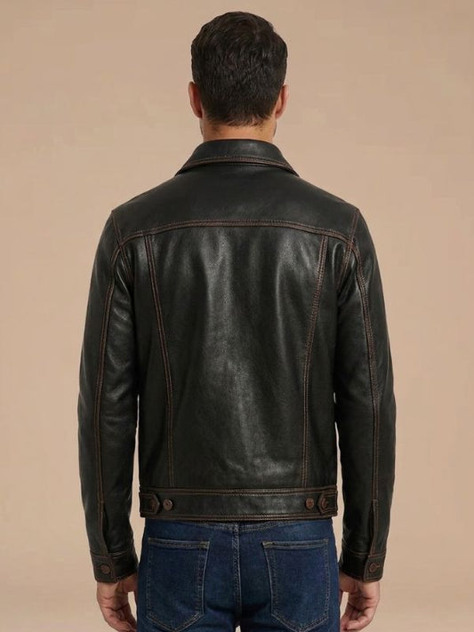 Men's Button Front Brown Leather Trucker Jacket