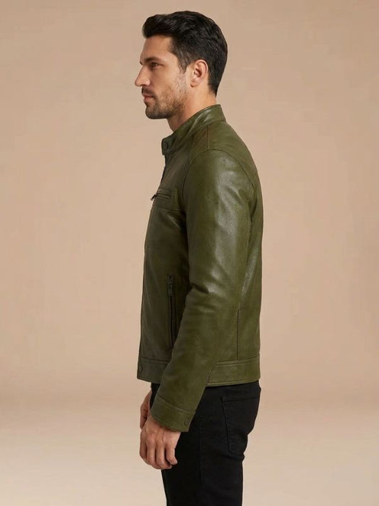 Mens Cafe Racer Sheep Napa Green Leather Jacket