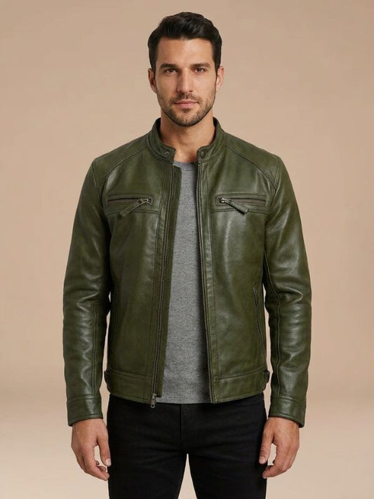 Mens Cafe Racer Sheep Napa Leather Jacket