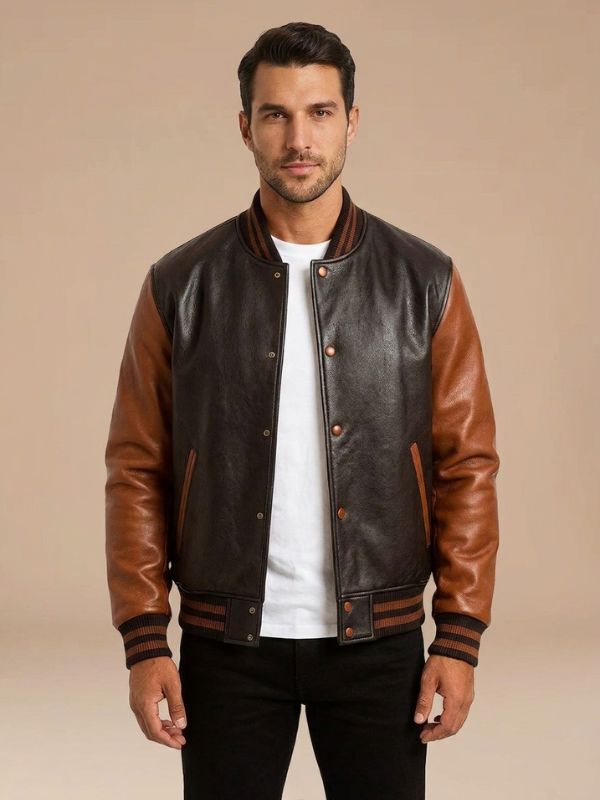 Men's Classic Two-Tone Leather Bomber Jacket