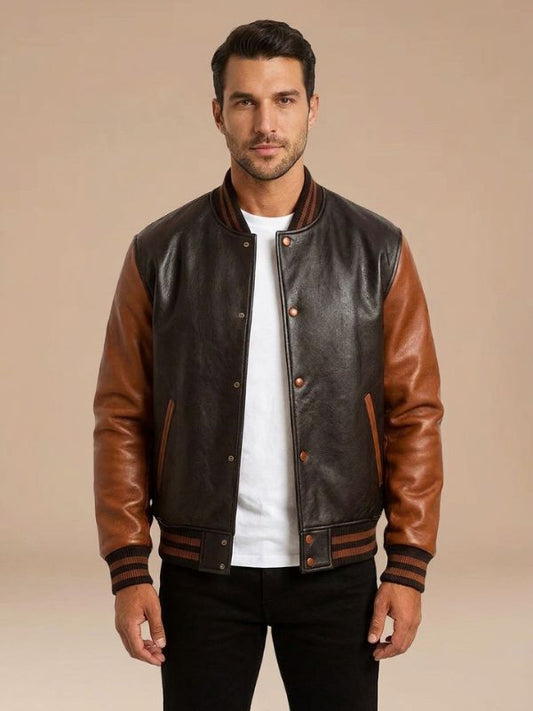 Men's Classic Two-Tone Leather Bomber Jacket