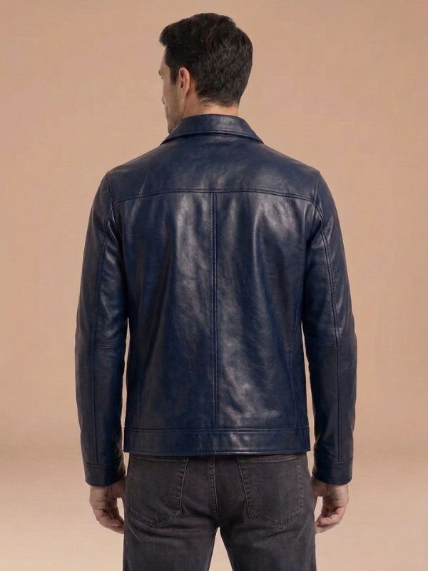 Men's Classic Zip-Front Style Leather Jacket Navy Blue Back View