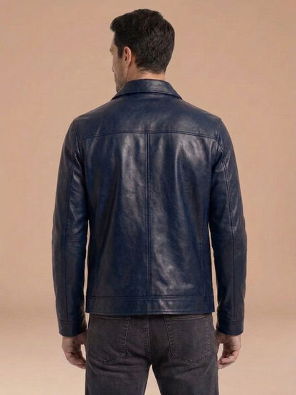 Men's Classic Zip-Front Style Leather Jacket Navy Blue Back View