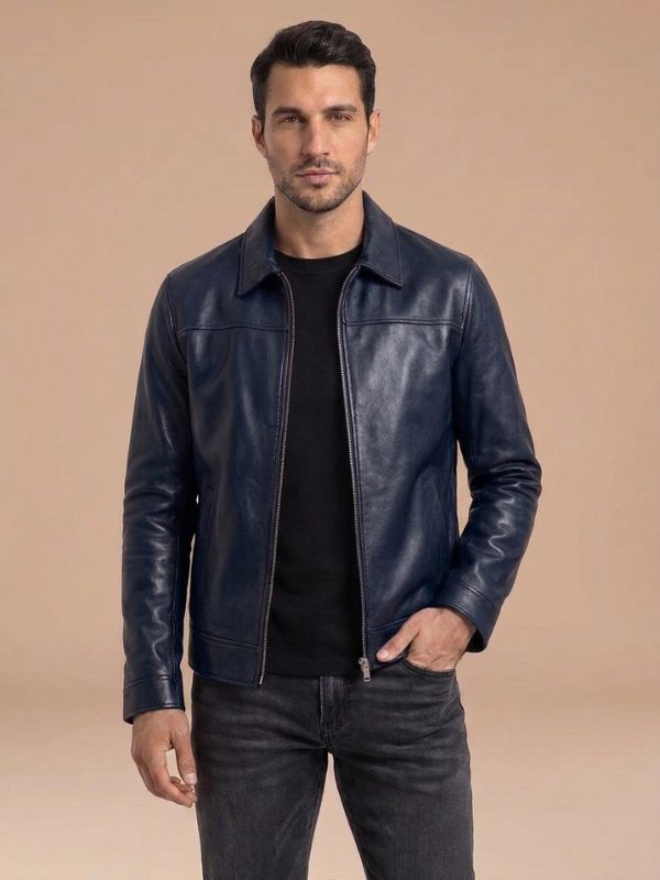 Men's Classic Zip-Front Style Leather Jacket Navy Blue