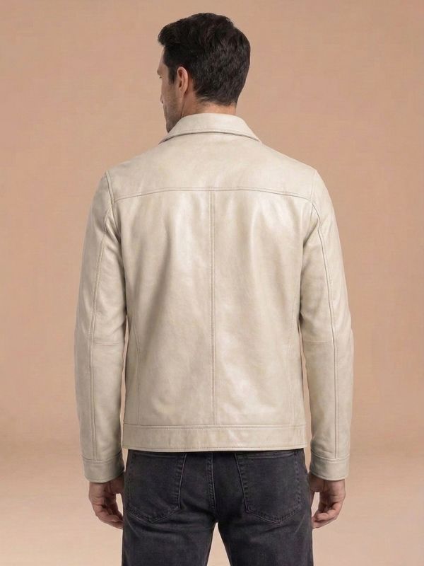 Men's Classic Zip-Front Style Leather Jacket Off White Back View