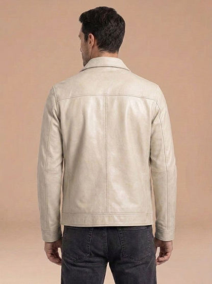 Men's Classic Zip-Front Style Leather Jacket Off White Back View