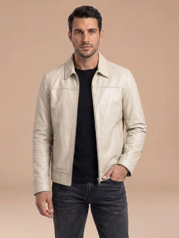 Men's Classic Zip-Front Style Leather Jacket Off White