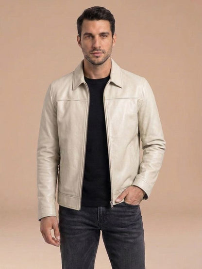 Men's Classic Zip-Front Style Leather Jacket Off White