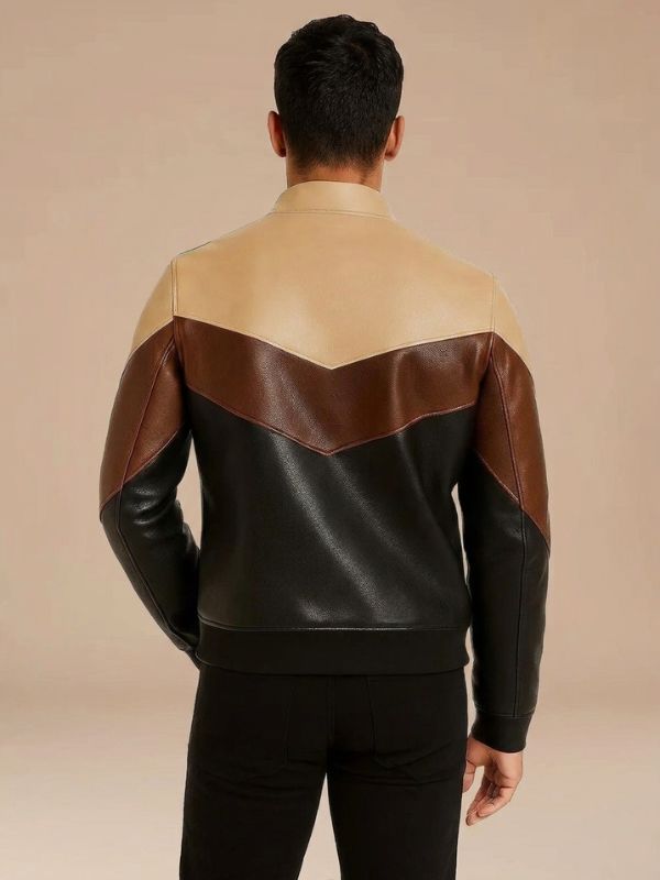Mens Colorblock Chevron Leather Bomber Jacket