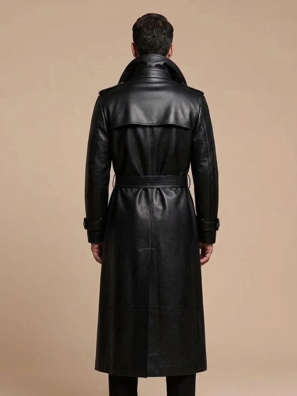 Men's Double Breasted Black Leather Trench Coat