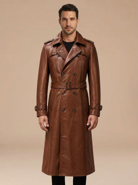 Men's Double-Breasted Brown Leather Trench Coat