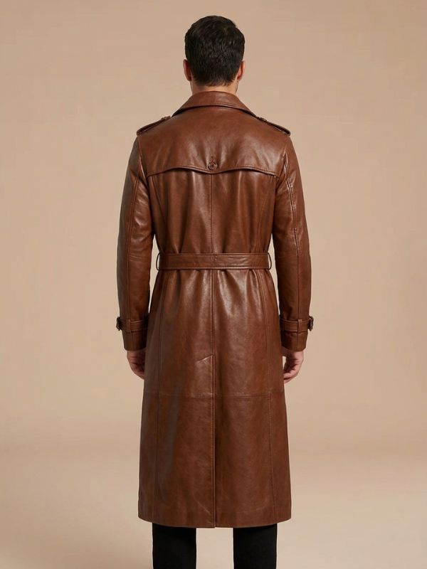 Men's Full-Length Brown Leather Trench Coat