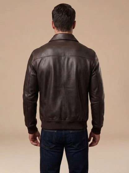 Dark Chocolate Brown Trucker Style Leather Bomber Jacket