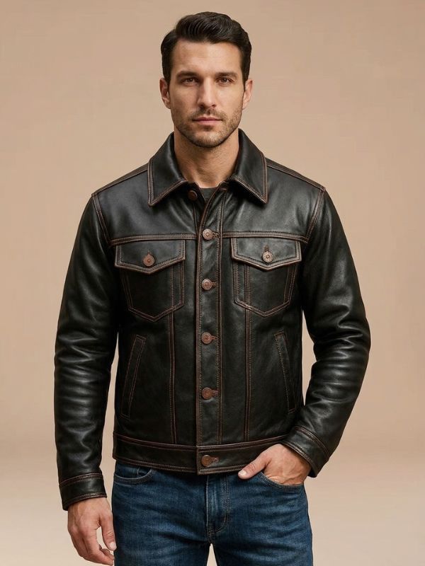 Men's Handmade Brown Leather Trucker Jacket