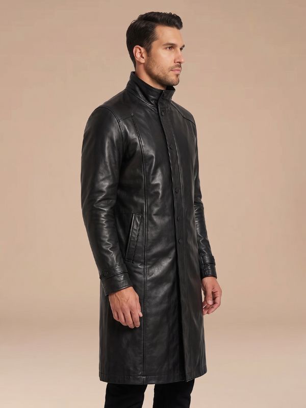 Men's Handmade Full-Length Black Leather Overcoat