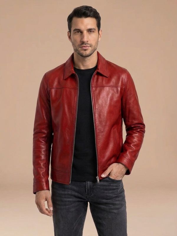 Men's Handmade Shirt Collar Leather Jacket