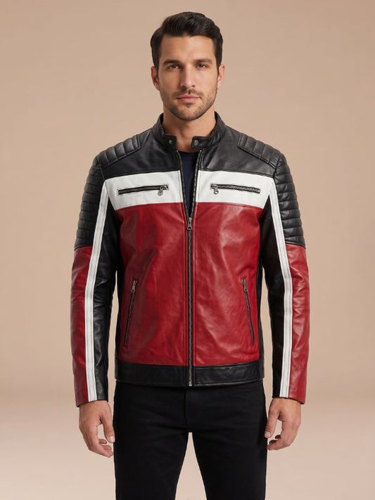 Men's Handmade Tricolor Leather Motorcycle Jacket