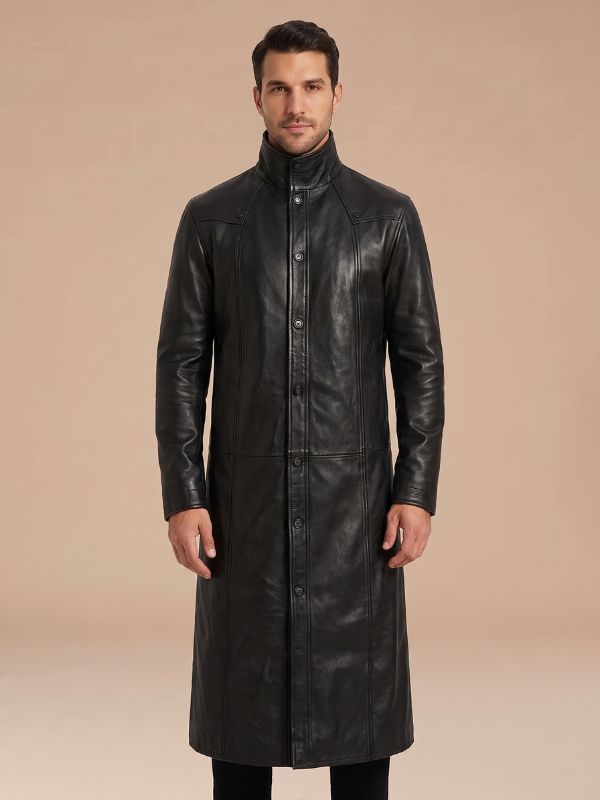 Men's Matrix Style Black Leather Trench Coat