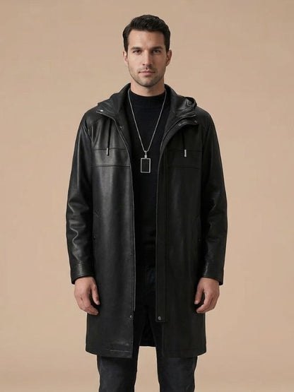 Men's Mid-Length Hooded Black Leather Coat
