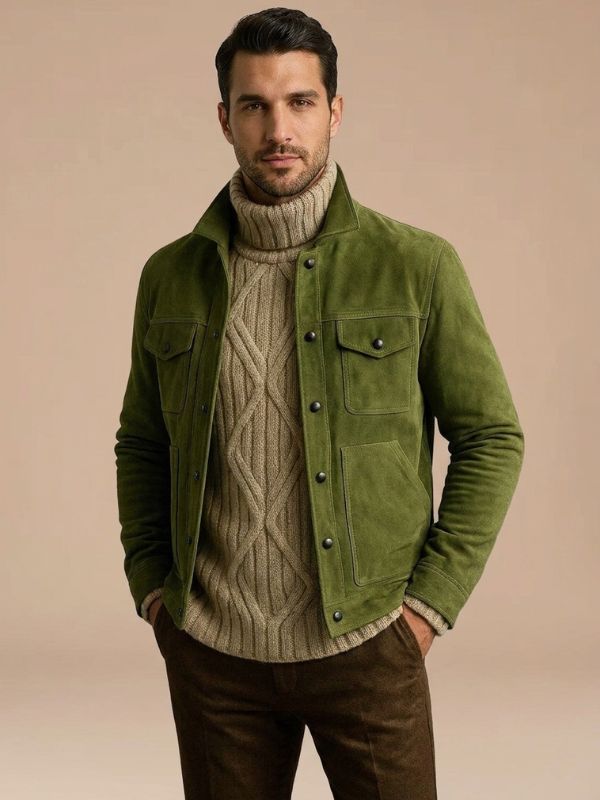 Men's Olive Green Snap Button Suede Leather Jacket