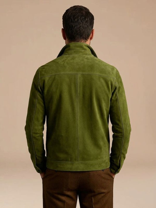Men's Olive Green Suede Leather Utility Jacket