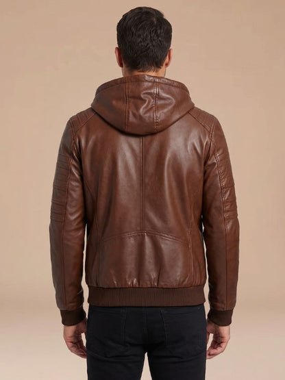 Men's Quilted Shoulder Brown Hooded Leather Jacket