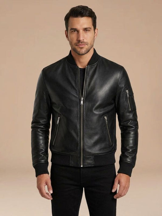 Men's Sleeve Pocket Black Leather Bomber Jacket