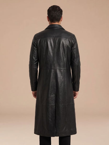 Men's Stand Up Collar Premium Black Leather Trench Coat