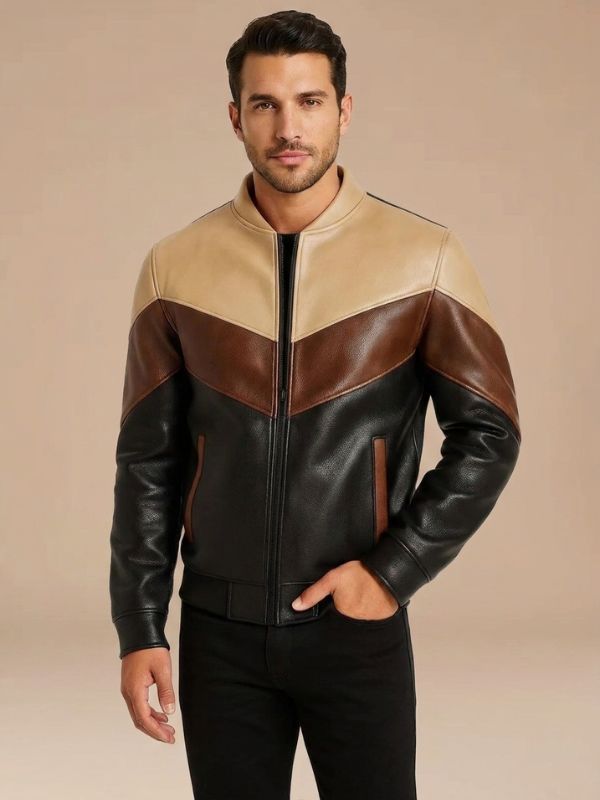 Men's Tri-Color Chevron Leather Bomber Jacket