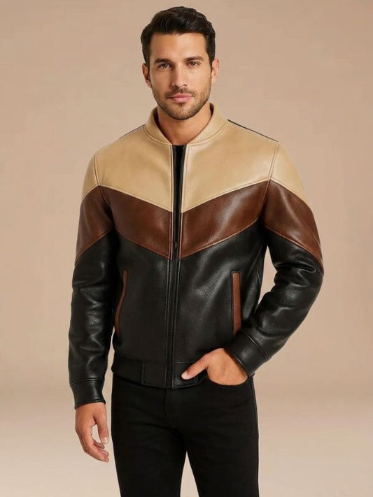 Men's Tri-Color Chevron Leather Bomber Jacket