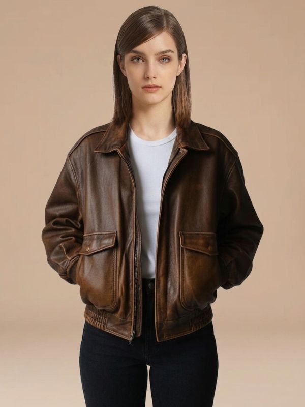 Women Classic Brown Genuine Leather Bomber Jacket 