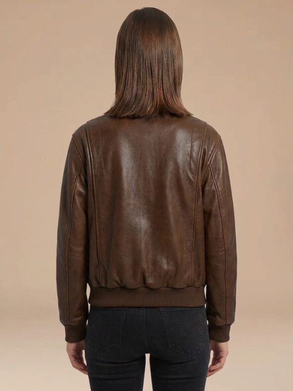 Women Handmade Brown Leather Bomber Jacket
