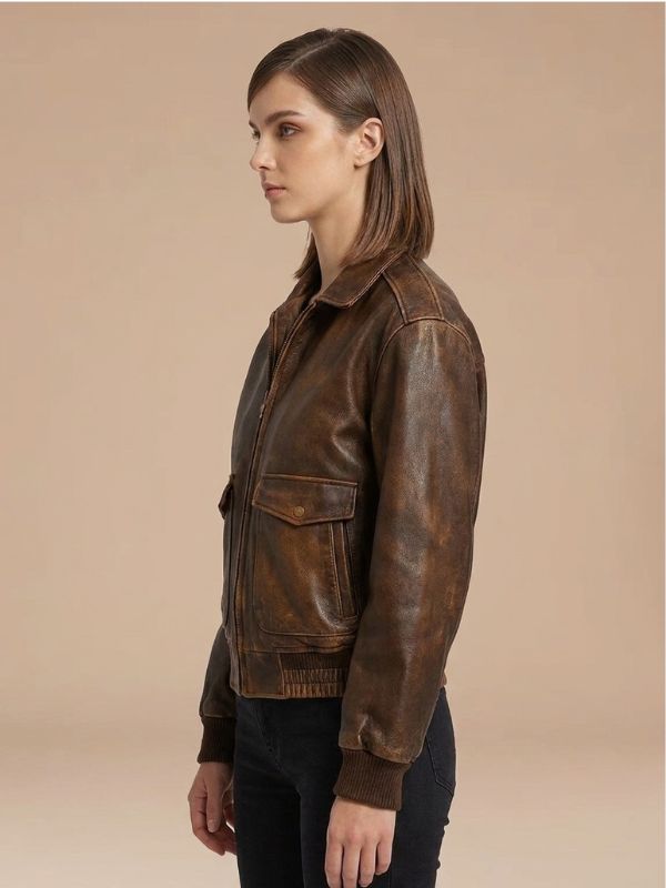 Women Vintage Style Brown Genuine Leather Bomber Jacket 