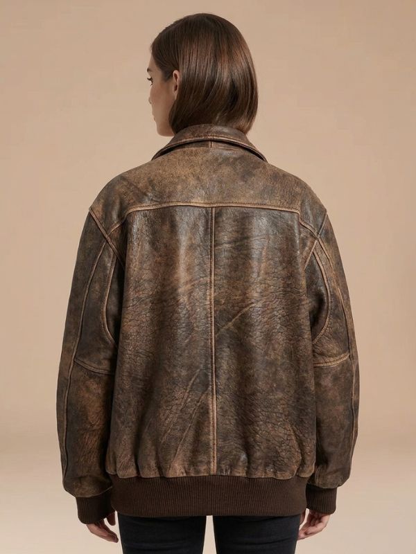 Women's 90s Oversized Aviator Distressed Brown Leather Jacket