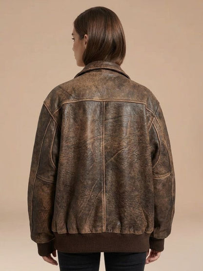 Women's 90s Oversized Aviator Distressed Brown Leather Jacket