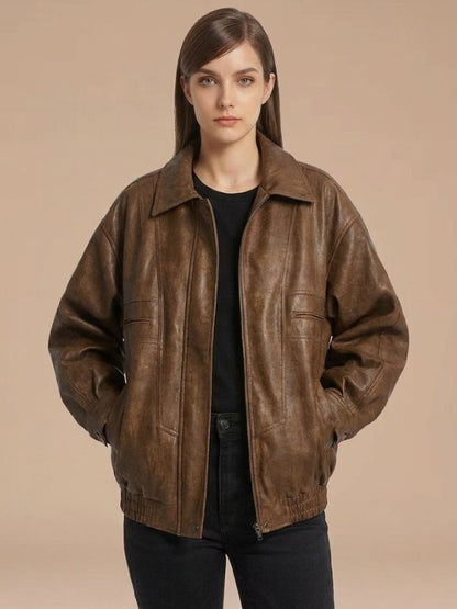 Womens 90's Oversized Brown Leather Bomber Jacket