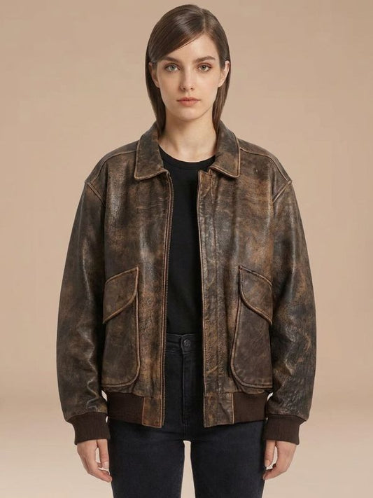 Women's A2 Aviator Oversized Distressed Leather Bomber Jacket