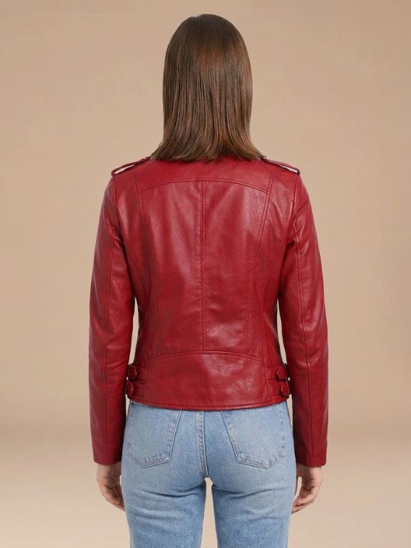 Women's Assymetric Zip Red Leather Biker Jacket